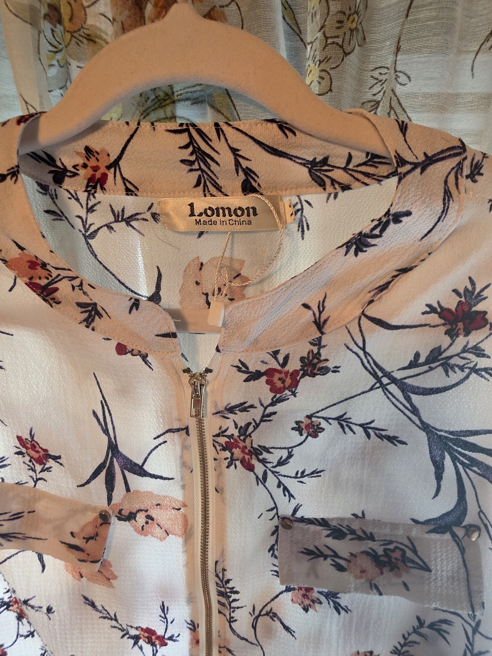 Floral Zip-Front Blouse in White, Navy & Peach - Picture 2 of 3